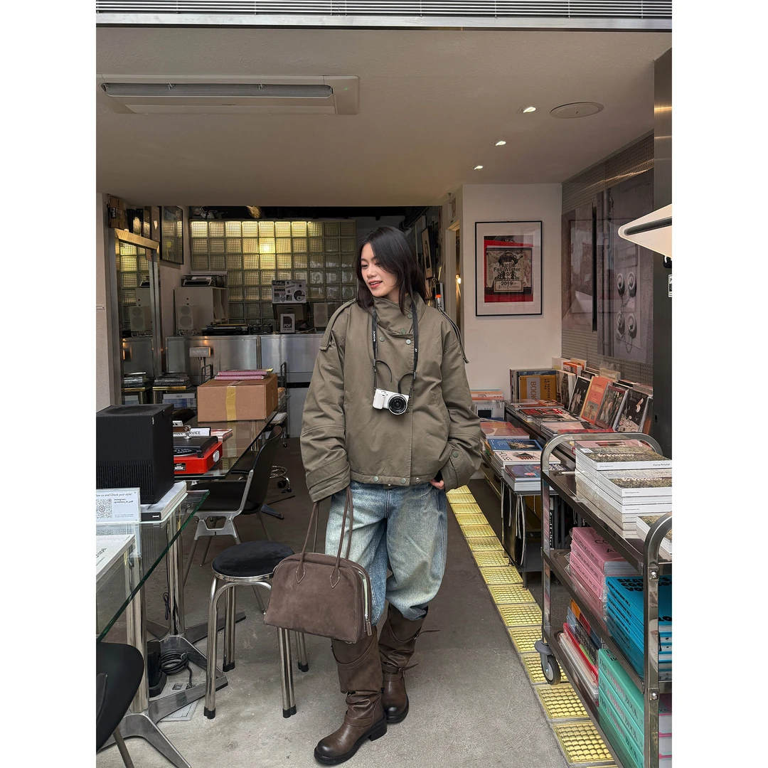 Seyora【榄调棉风】100%棉简约立领长袖宽松棉服短外套 Y38238SY53