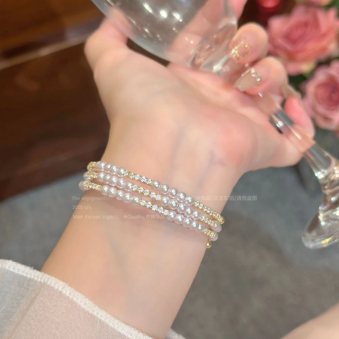 铜合金合成锆石手镯 B106 网红时尚百搭珠珠弹力叠戴手镯精致气质