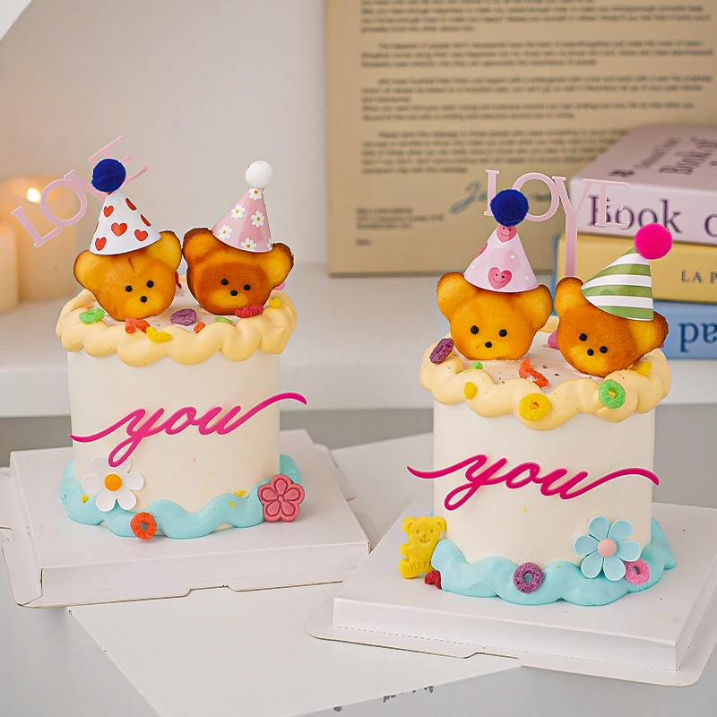 七夕玛德琳小熊头蛋糕装饰情人节可爱小帽子love you亚克力插牌