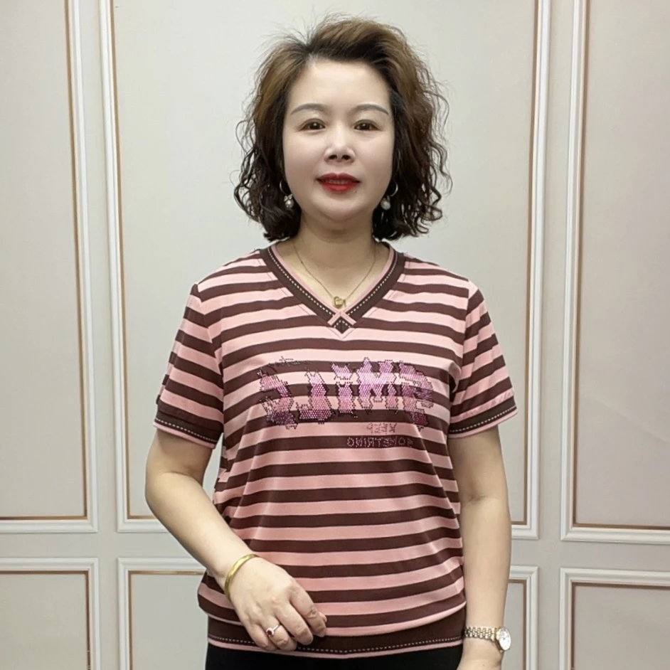 2025夏季短袖时尚百搭洋气减龄宽松薄款气质弹力显瘦休闲妈妈装