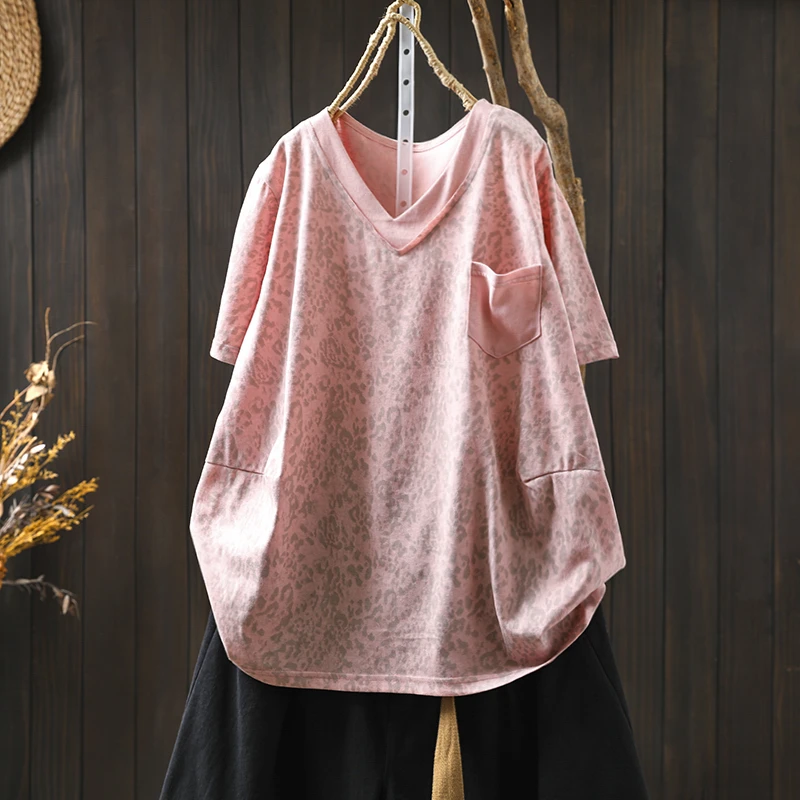粉色豹纹v领短袖t恤女2025夏季新款小众宽松休闲薄款洋气半袖上衣