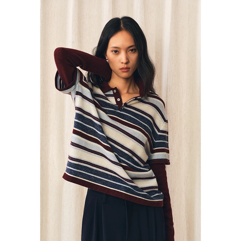 HERLAND她地【查理和巧克力工厂】复古条纹POLO领休闲设计针织衫女