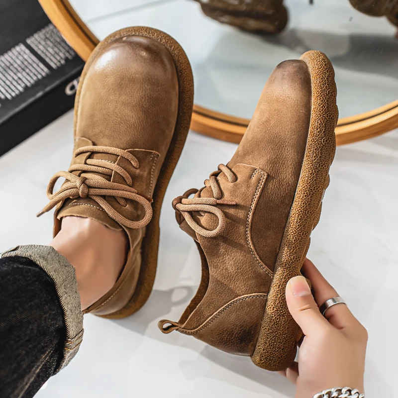 四季头层牛皮手工男鞋牛筋底复古英伦风皮鞋防滑休闲低帮百搭