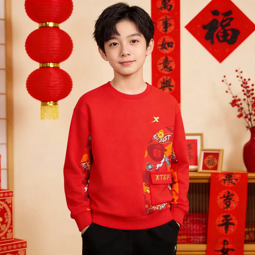 【新年款】特步儿童中大童保暖舒适套头加绒长袖卫衣674126209017