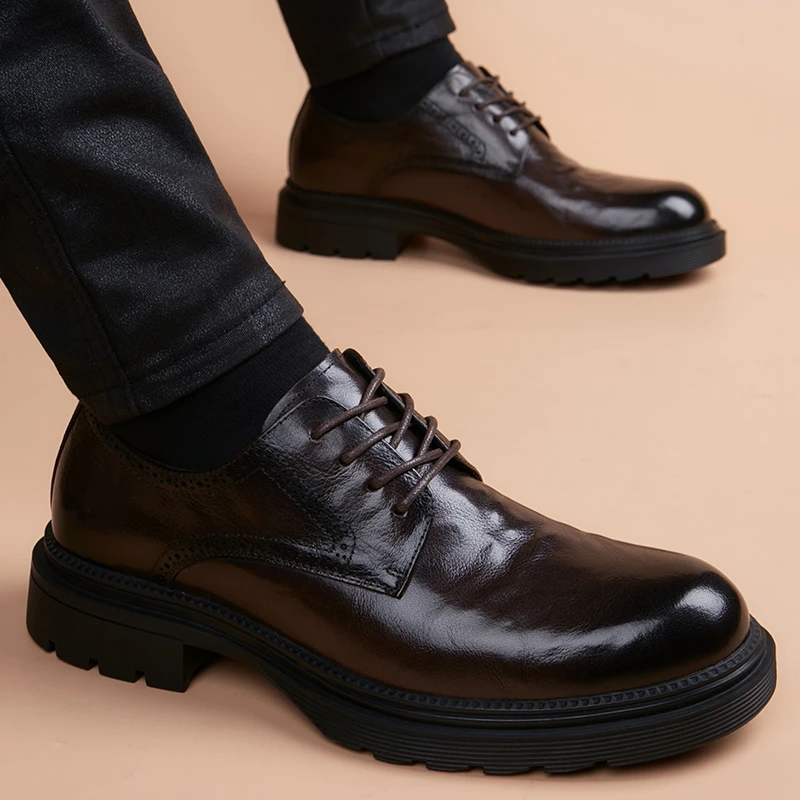 商务皮鞋男士真皮透气牛皮英伦厚底内增高男鞋高档轻奢正装德比鞋