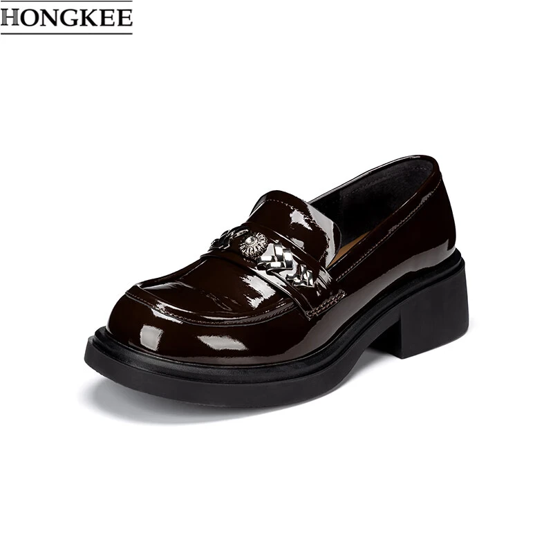 HONGKEE/红科26春季乐福鞋牛皮漆皮粗跟软底通勤女单鞋H816D101