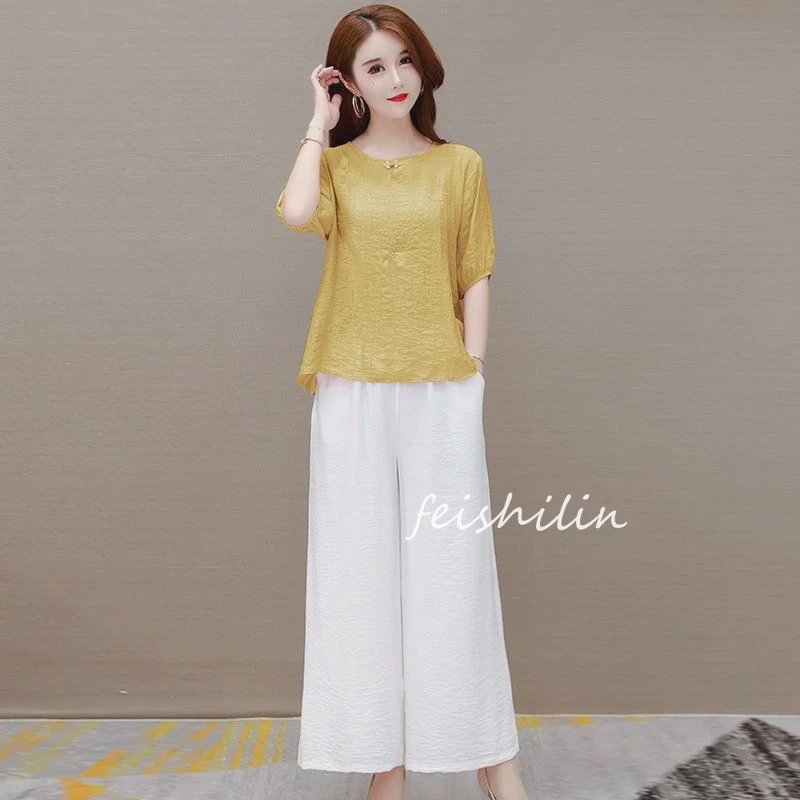 冰丝皱裤女夏季2025年新款减龄时尚休闲宽松小衫阔腿裤套装两件套