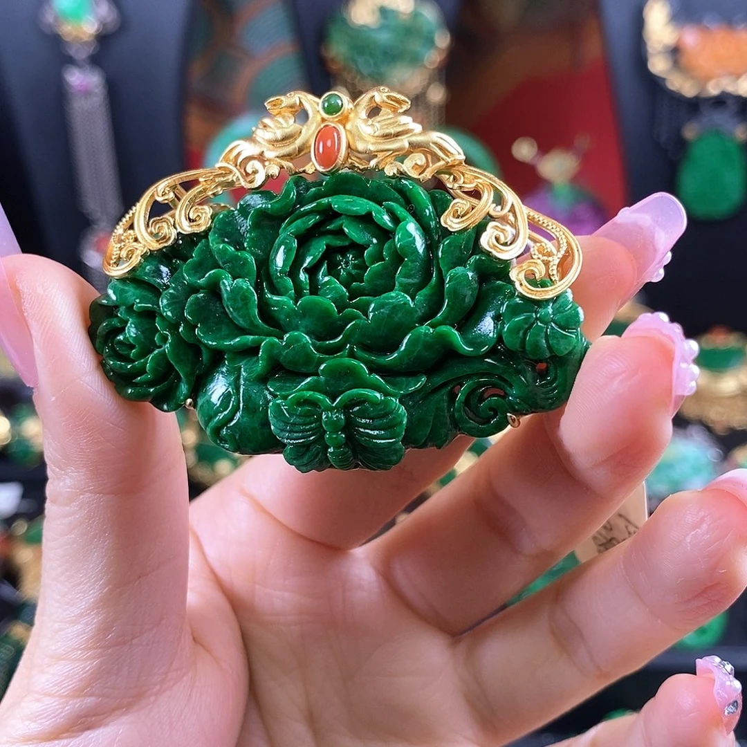 翡翠银S925镶嵌耳饰牡丹花