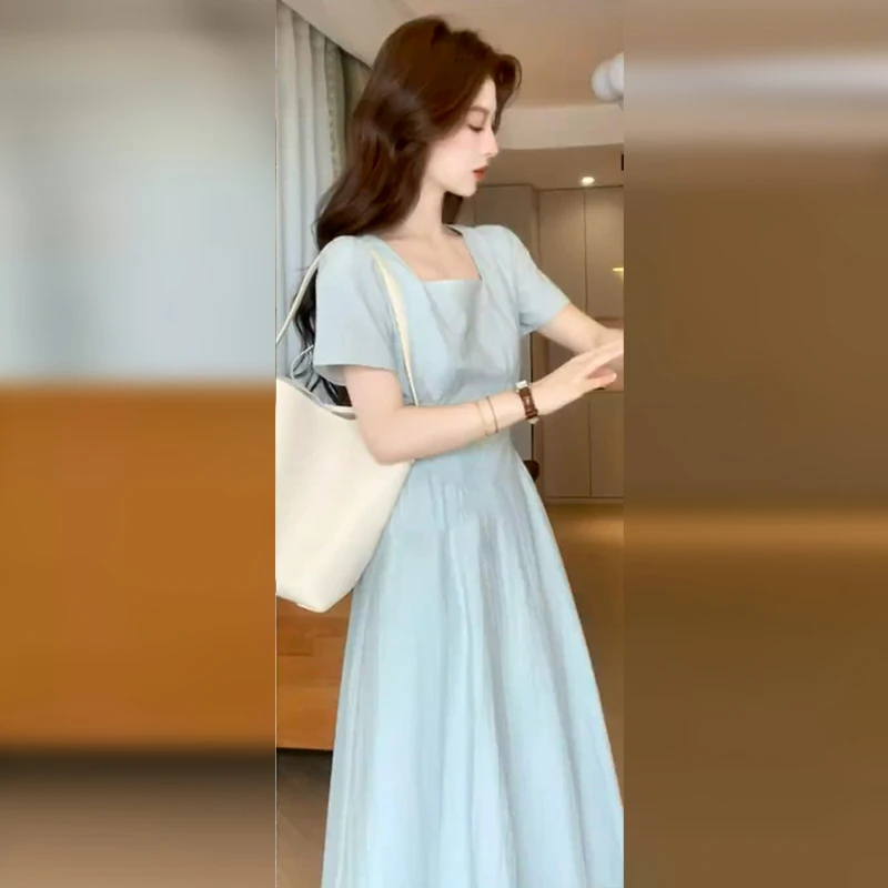 1486掐腰裙漂亮法式方领连衣裙子女夏季2025新款夏日绝美气质长裙