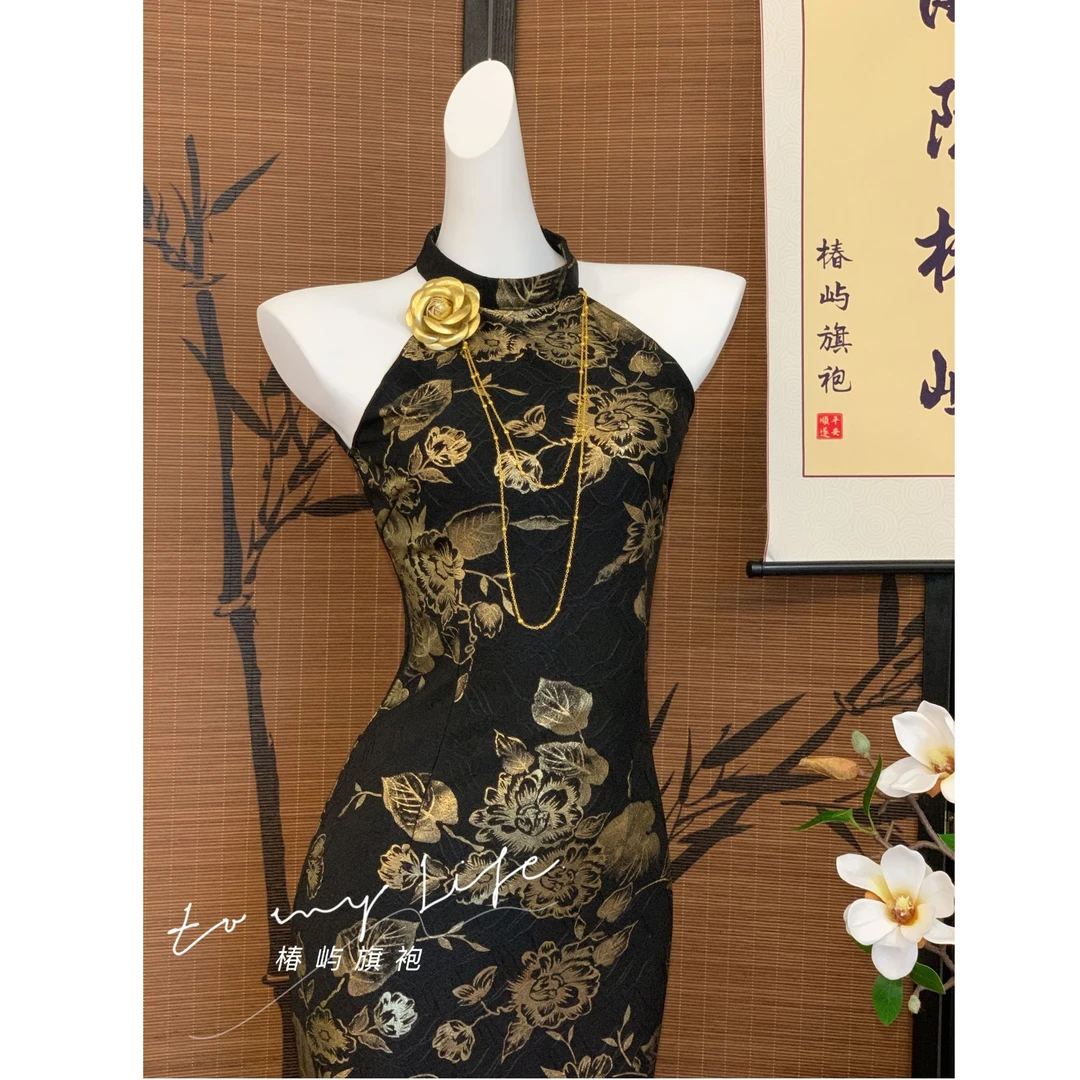 【鎏金墨玉】自制秋季黑色挂脖旗袍新款复古新中式显瘦弹力连衣裙