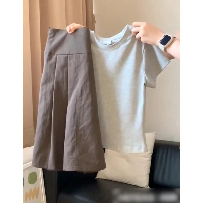 2025夏季韩系穿搭一整套女法式圆领短袖T恤半身裙显瘦气质两件套
