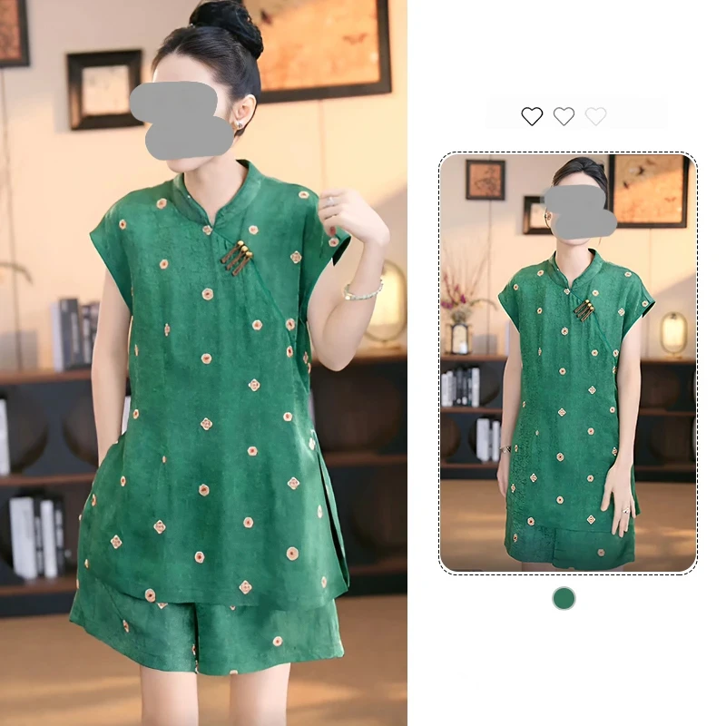 新中式国风提花立领短袖上衣女夏季2025新款宽松显瘦短裤两件套潮