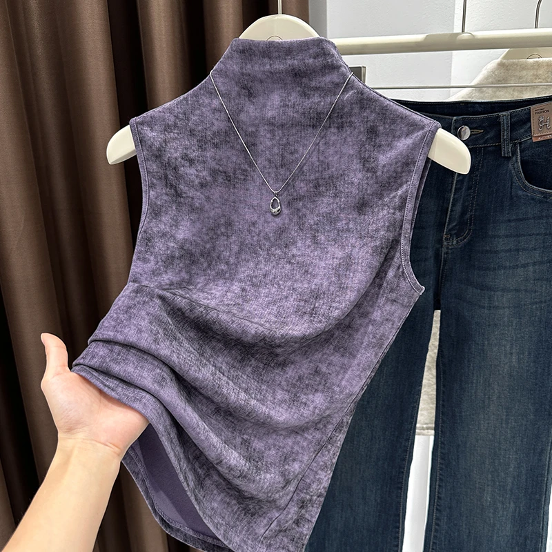 名媛高档紫色无袖坎肩上衣2025秋季新款收腰显身材设计感扎染背心