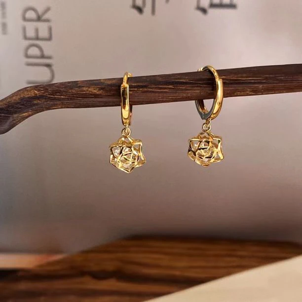 925银耳饰 缤纷玫瑰 轻奢耳扣吊玫瑰花耳环0501018