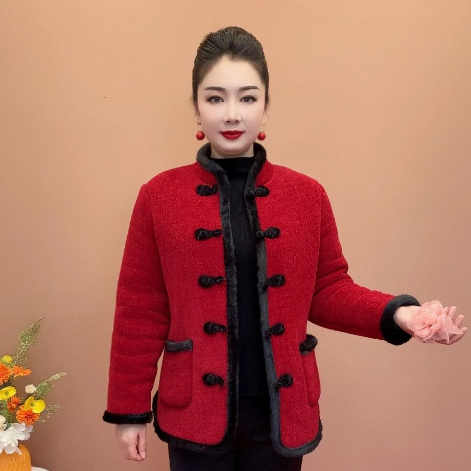 加绒加厚保暖棉衣冬季中年洋气妈妈女装短款盘扣短外套