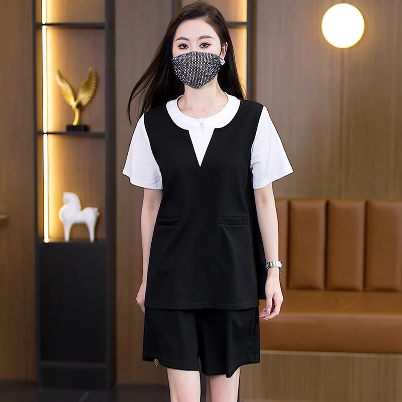 大码女装假两件拼接短袖上衣短裤两件套2025夏季休闲显瘦套装