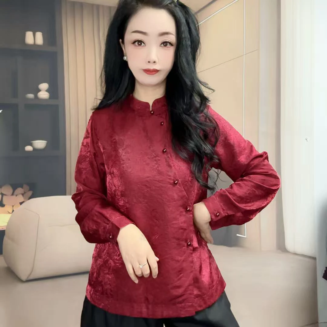 6070流光锦新中式国风复古提花盘扣褶皱立领长袖衬衫