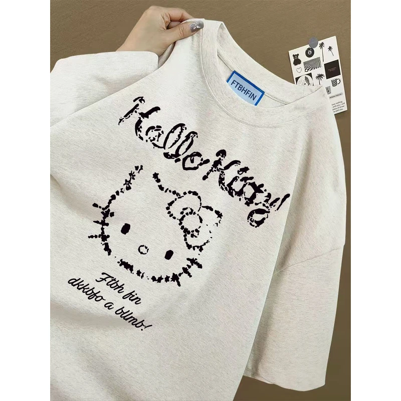 100%纯棉韩系学院风卡通凯蒂猫印花男女童穿搭短袖T恤夏季上衣ins