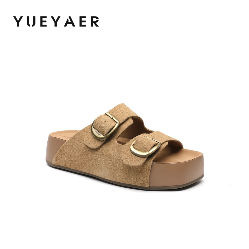 Yueyaer/月芽儿夏季勃肯拖鞋中跟舒适一字拖耐磨平底沙滩外穿厚底