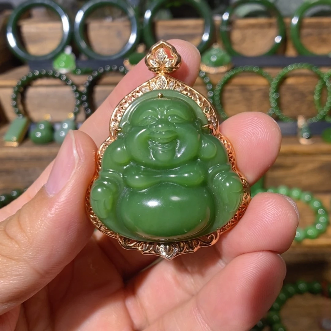 【闪购商品】吊坠(不含链)18K金镶嵌和田玉俄料阳绿佛公 39/15