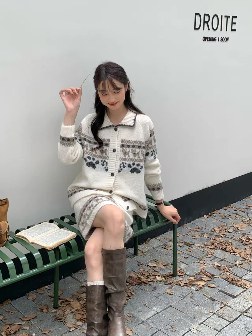 费尔岛提花文艺气质时尚小众针织上衣搭配半身裙套装适合秋冬