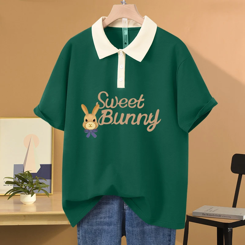 200斤胖mm宽松POLO领纯棉短袖t恤女设计感小众休闲百搭显瘦上衣服