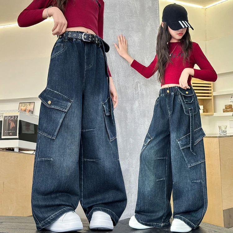 女童秋季新款牛仔工装裤儿童高腰显瘦春秋百搭直筒休闲中大童裤子