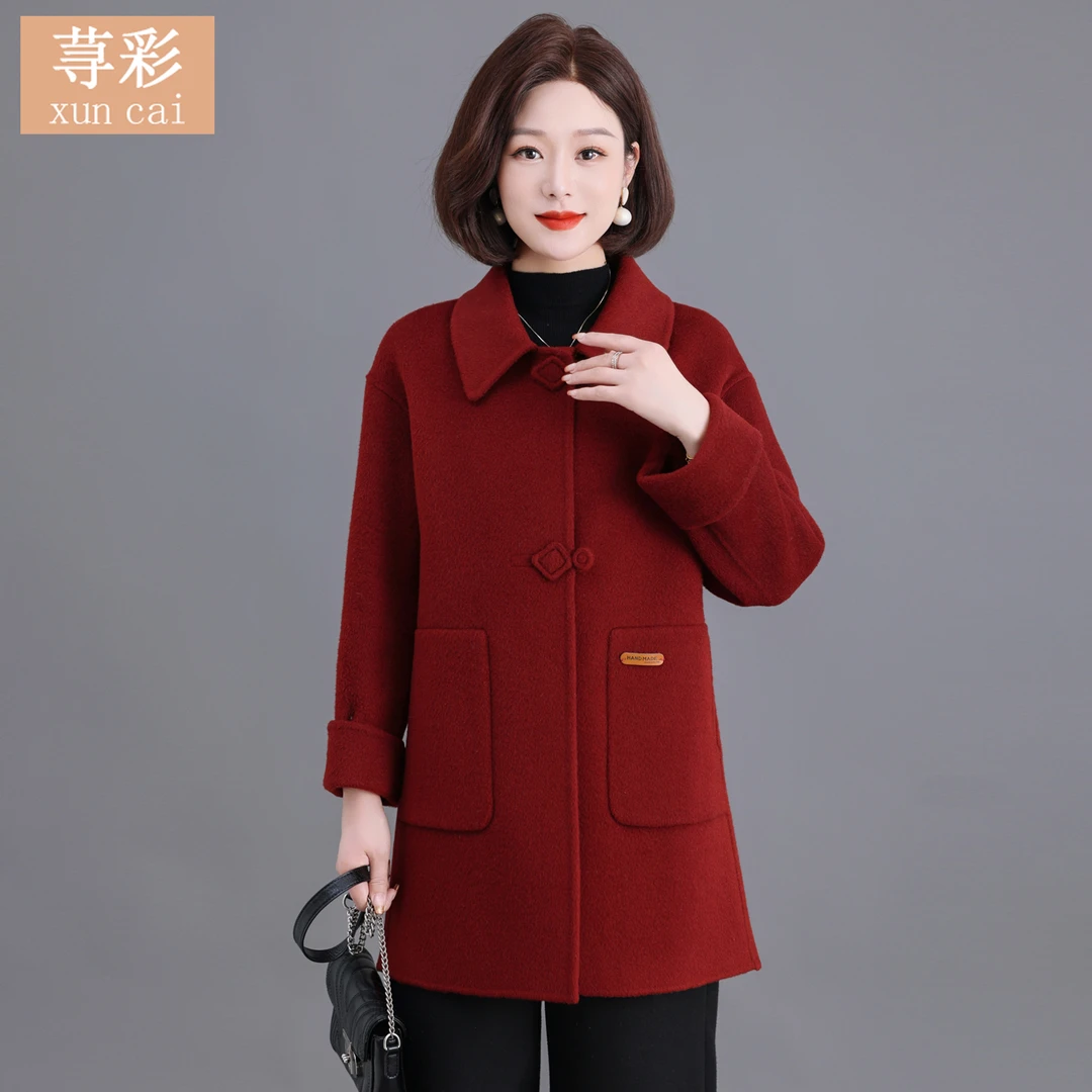 100%纯羊毛妈妈时尚双面羊毛大衣中长款秋冬新款气质显瘦毛呢外套