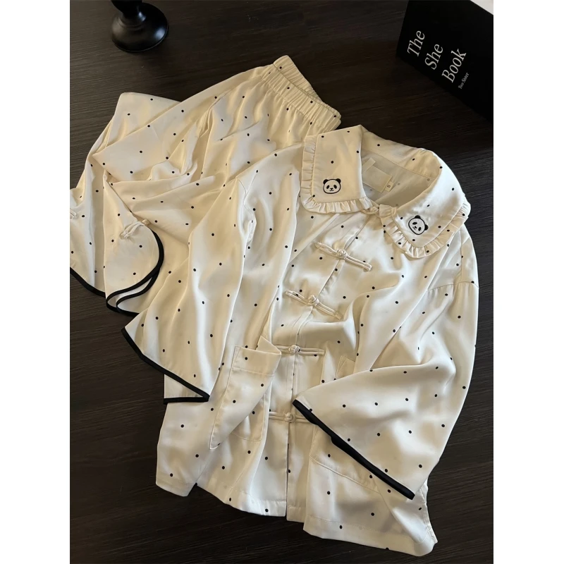 韩系甜美熊猫波点冰丝睡衣女春秋季可外穿新款长袖长裤家居服套装