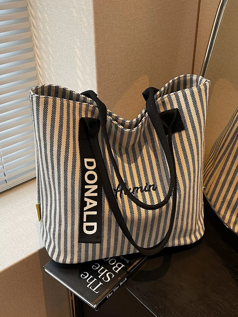 意大利【设计师】条纹大容量帆布包时尚手提单肩休闲通勤托特包