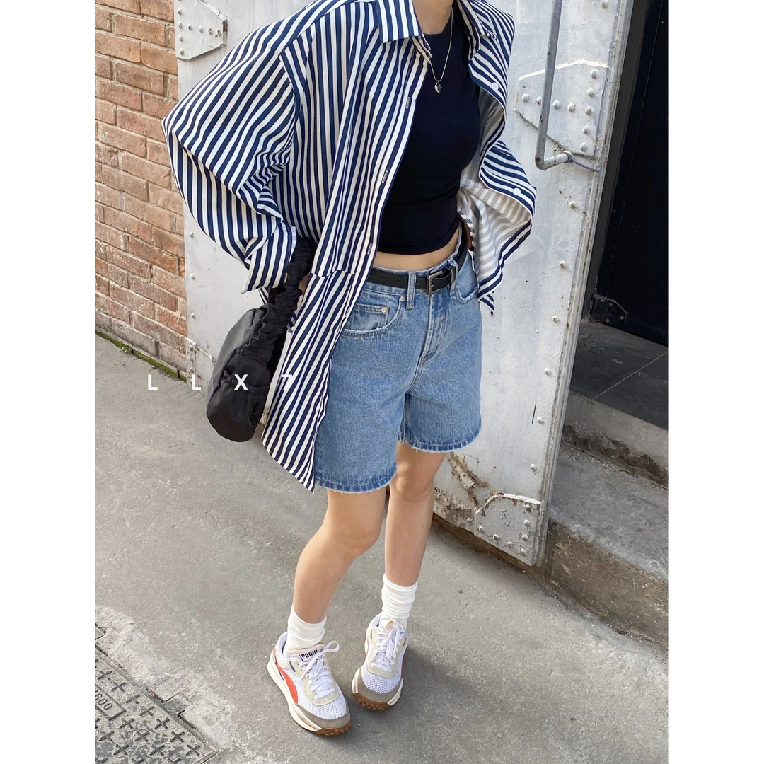 LLX72025新款四分水洗牛仔裤两色基础磨白休闲百搭拉链无弹中腰裤