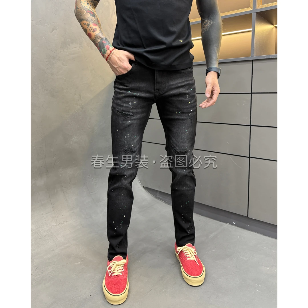 2025早秋新款时尚休闲百搭泼墨假破洞男士修身黑灰牛仔裤9331