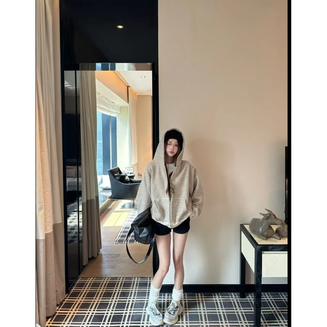 2025【条纹连帽拉链外套小众休闲宽松美式开衫卫衣】