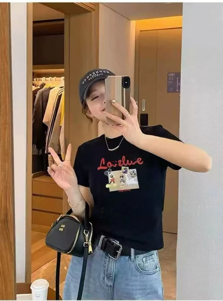 1203番外早秋新款时尚字母印花极简风短款短袖T恤女