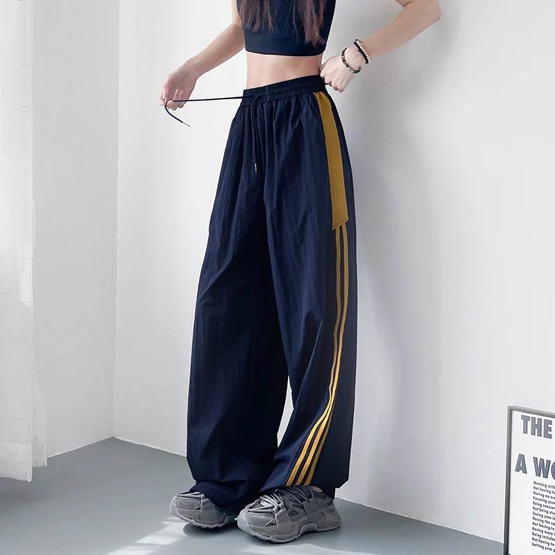 大码宽松夏季阔腿裤女胖mm拼接条纹运动裤高腰显瘦抽绳冰丝速干裤
