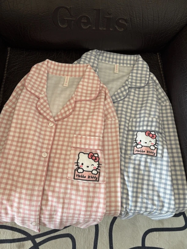 格子hellokitty情侣睡衣女秋冬季长袖长裤休闲外穿大码男士家居服