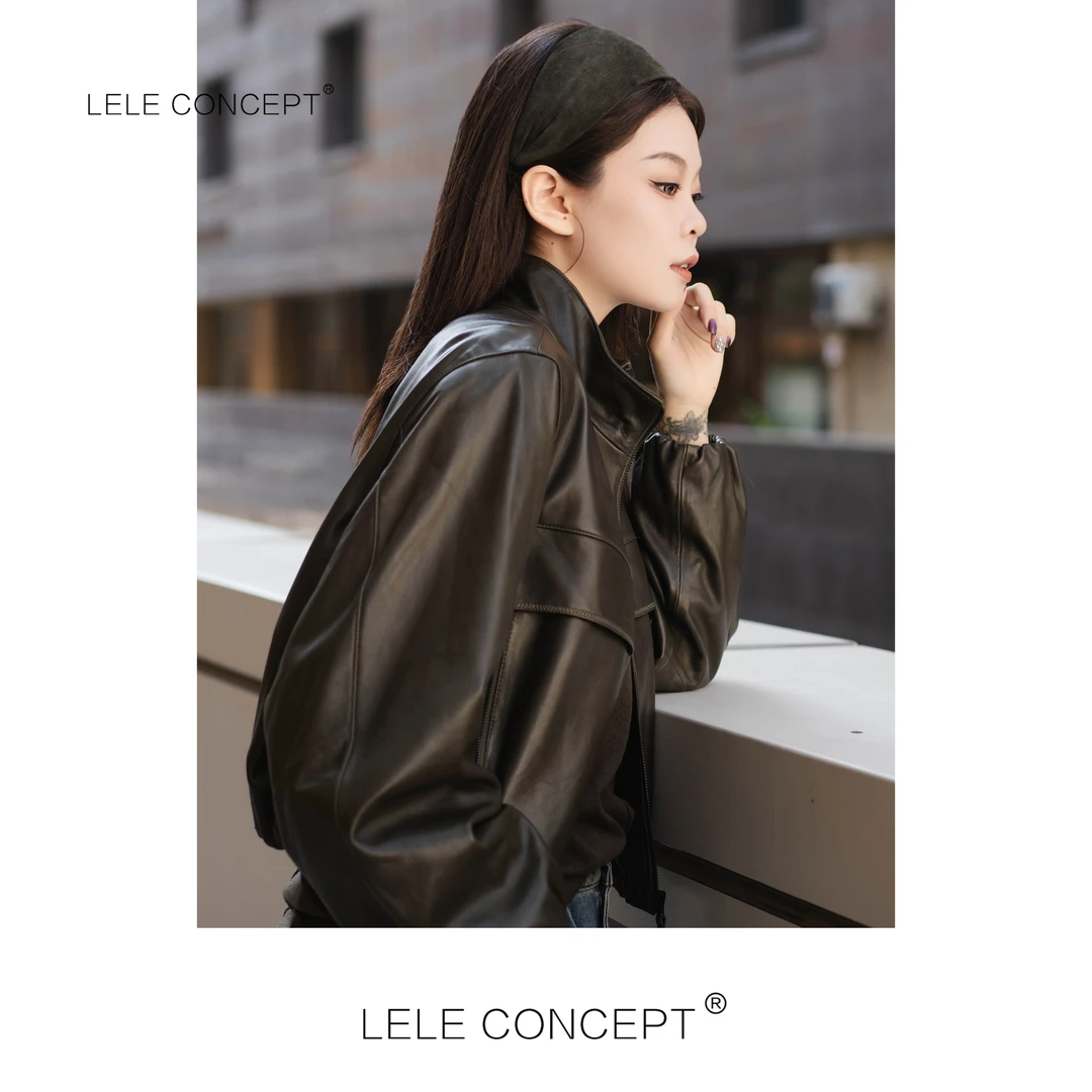 LELE CONCEPT丨都市气质洋气立领宽袖短款皮衣P0082