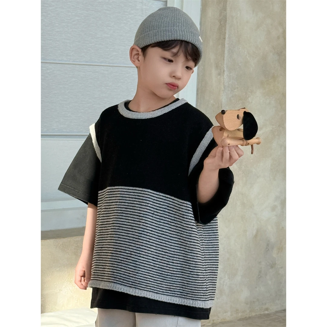 in 爱：nl25春季童装儿童马甲韩版男童拼色洋气针织条纹马甲90593