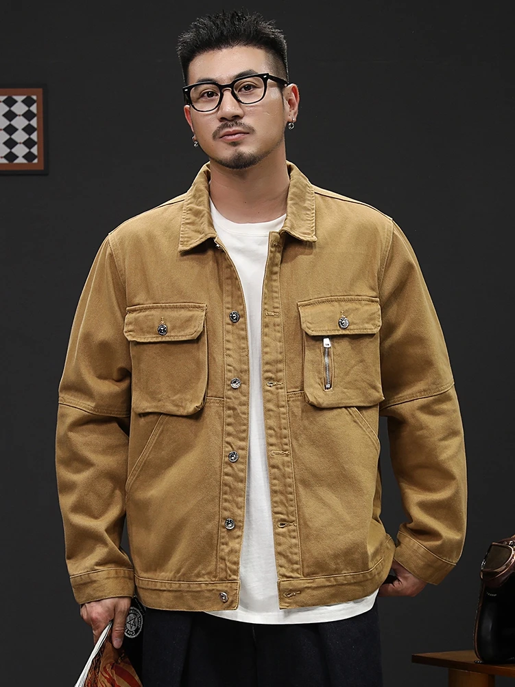 5022春秋男士大码牛仔夹克工装外套多袋复古宽松潮流百搭加肥加大