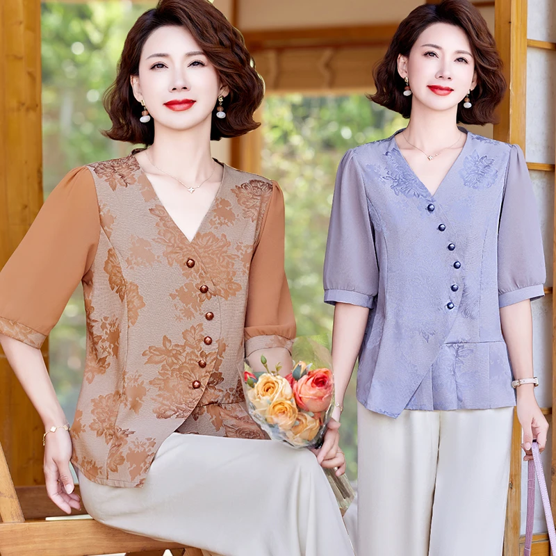 时尚妈妈夏装套装新款中老年女透气上衣宽松中年人休闲