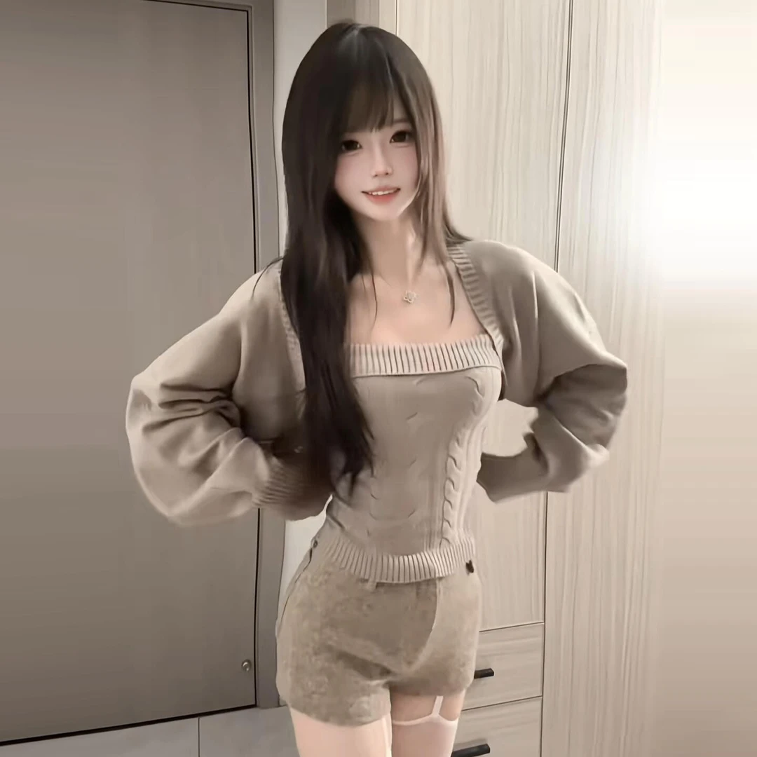 2025新款韩系针织开衫外套女秋冬毛衣可外穿内搭打底抹胸上衣套装