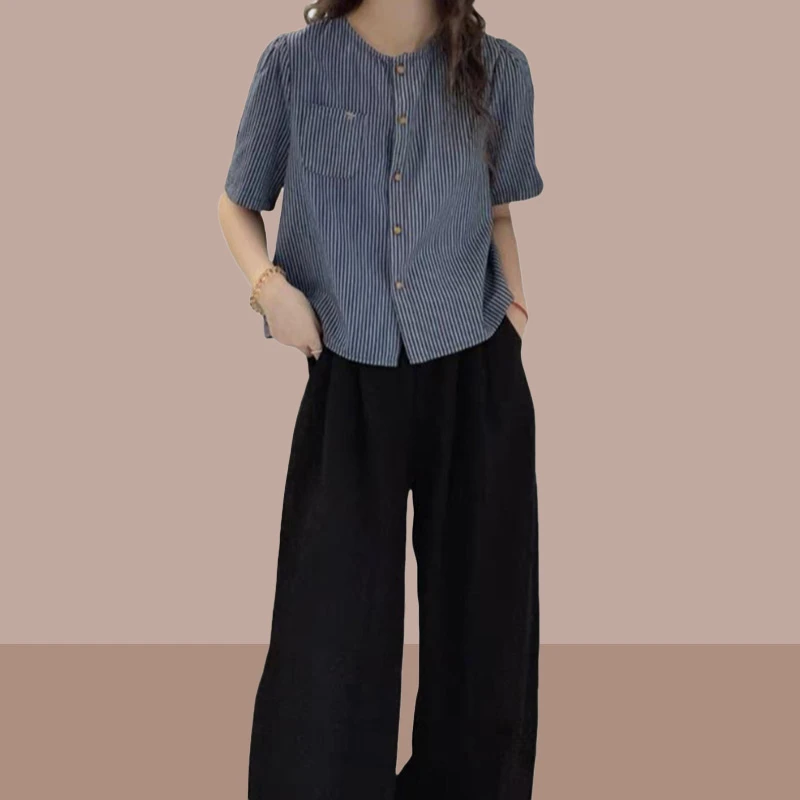 2026夏气质轻熟风设计感条纹衬衫百搭时尚洋气减龄显瘦短袖衬衫女