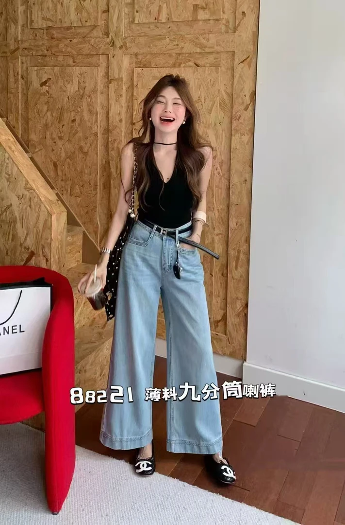 88221-配腰带薄料九分无弹筒喇裤
