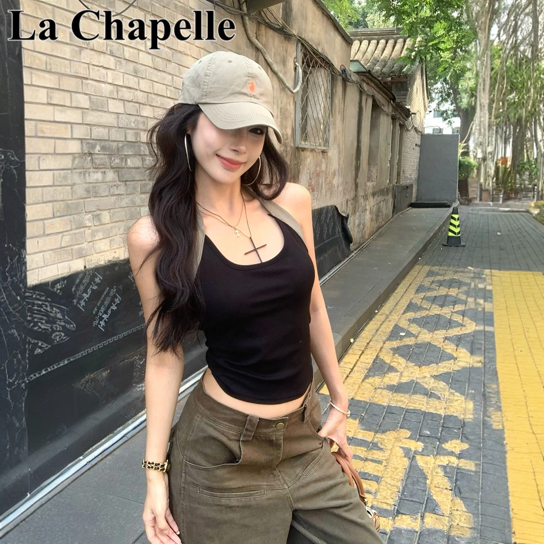 拉夏贝尔新款复古辣妹撞色挂脖拼接女夏吊带背心U领修身显瘦上衣
