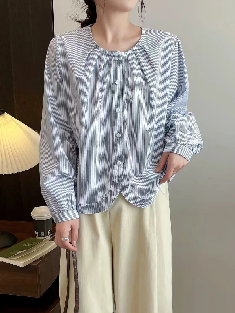 花家/春夏新款 圆领清爽通勤棉质气质韩版长袖衬衫