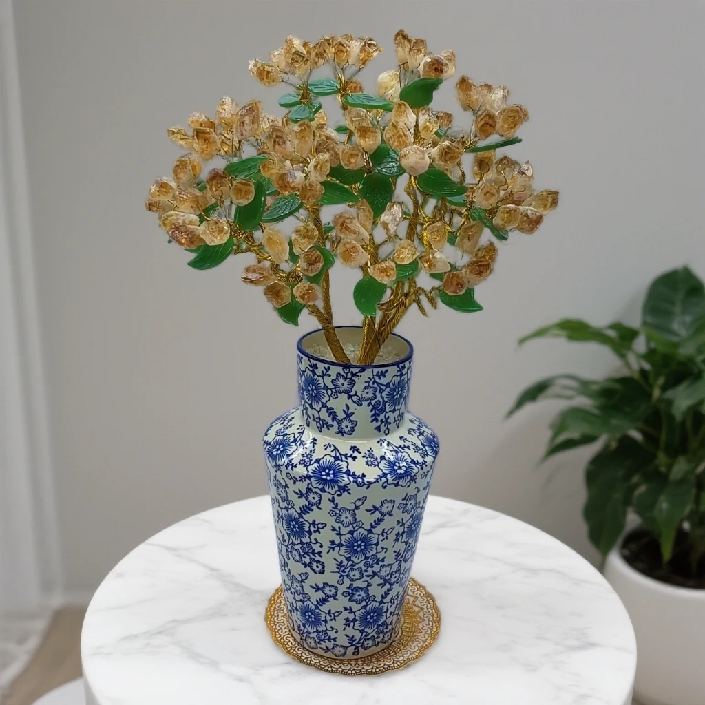 青花瓷工艺品黄水晶中式招财树客厅玄关餐桌酒柜博古架家居装饰