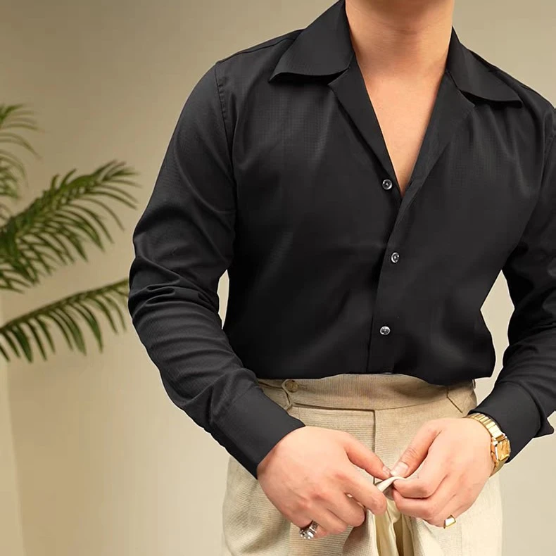 CF修峰【古巴领免烫垂感】黑色长袖衬衫时尚新款竹纤维休闲衬衣男