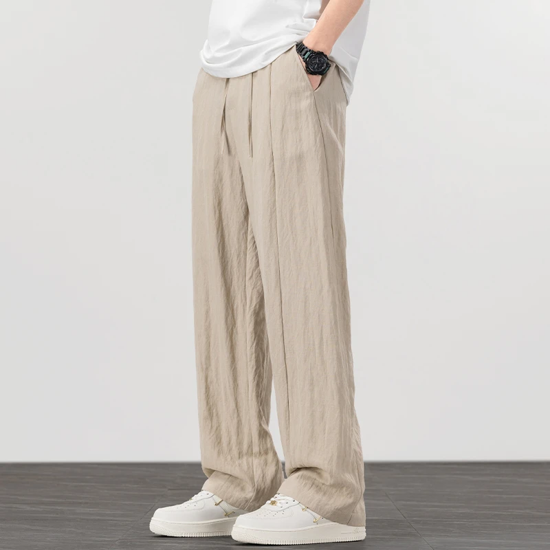 夏季薄款冰丝休闲裤子男士天气麻没事高街直筒裤男生新款阔腿长裤