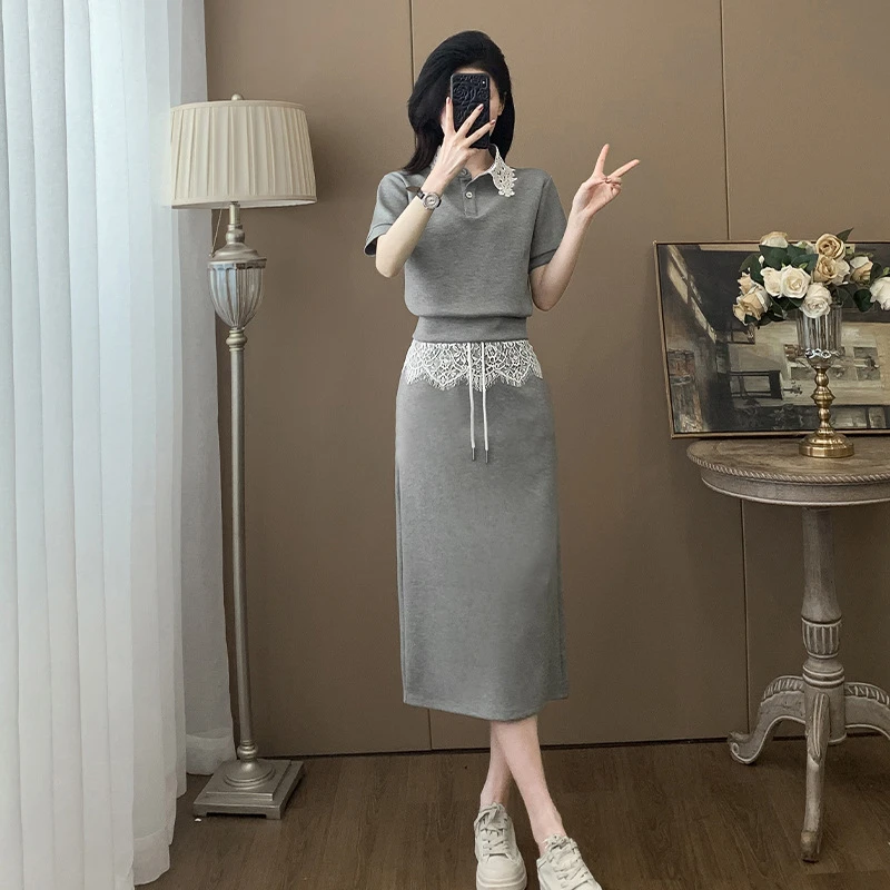 2025超火韩系休闲运动套装裙女夏季拼接蕾丝短袖上衣半身裙两件套