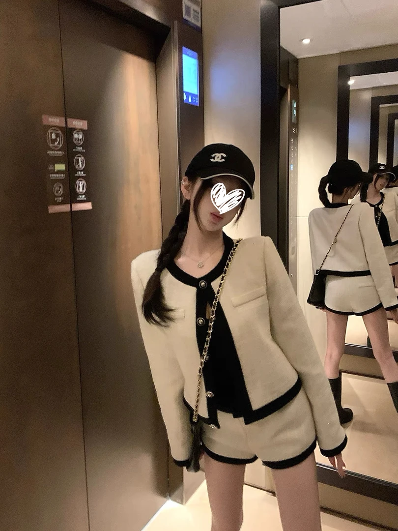 【人间coco】套装女气质撞色小香上衣中低腰短裤两件套
